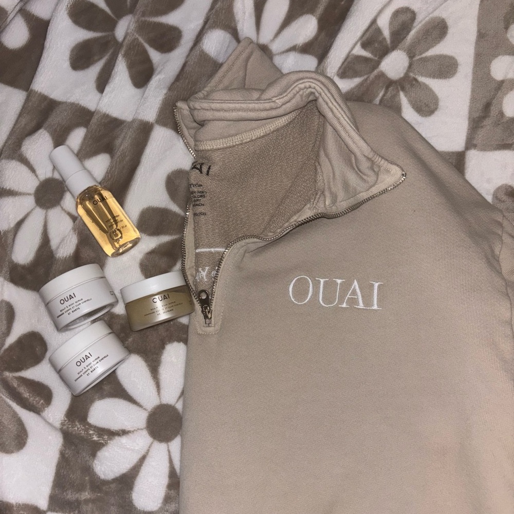 OUAI Tan Quarter-Zip Pullover and Skincare/Hair set